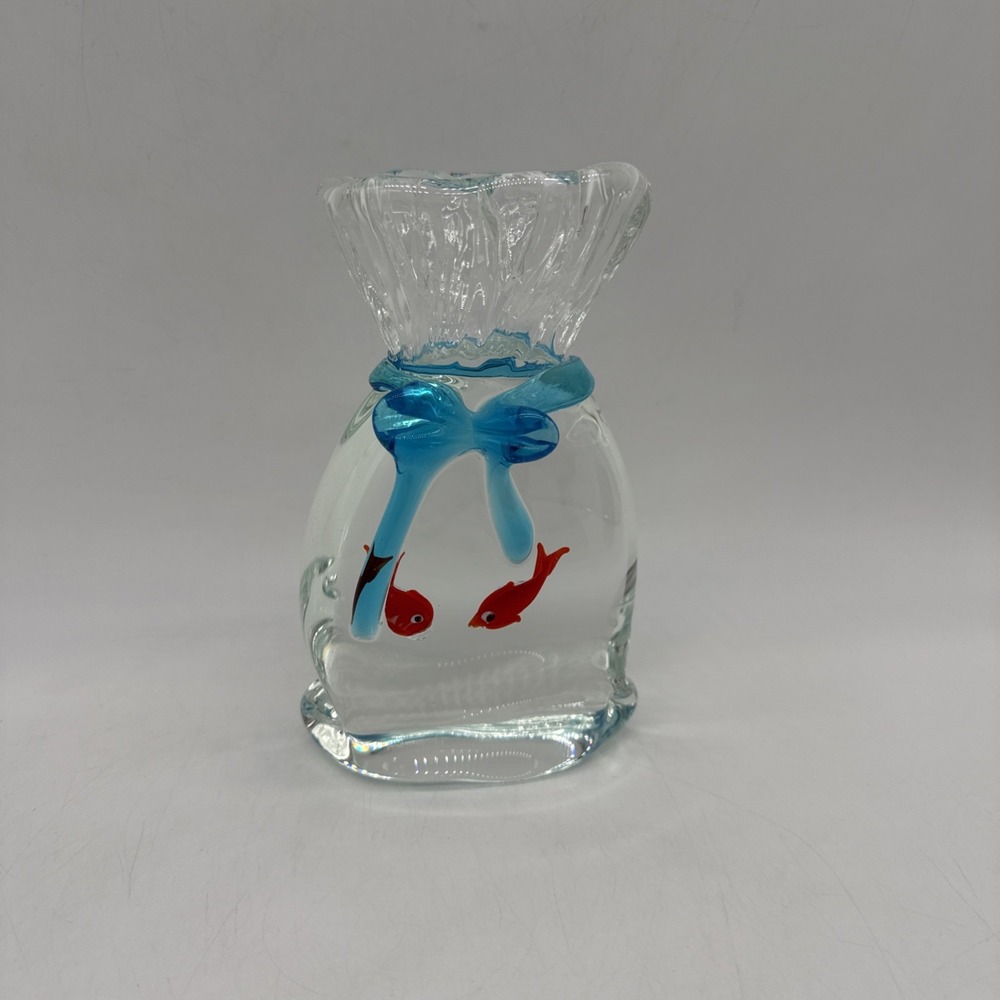 Art Glass Paperweight Two Goldfish in Drawstring Bag Blue Bow ~6.5" -- Murano?